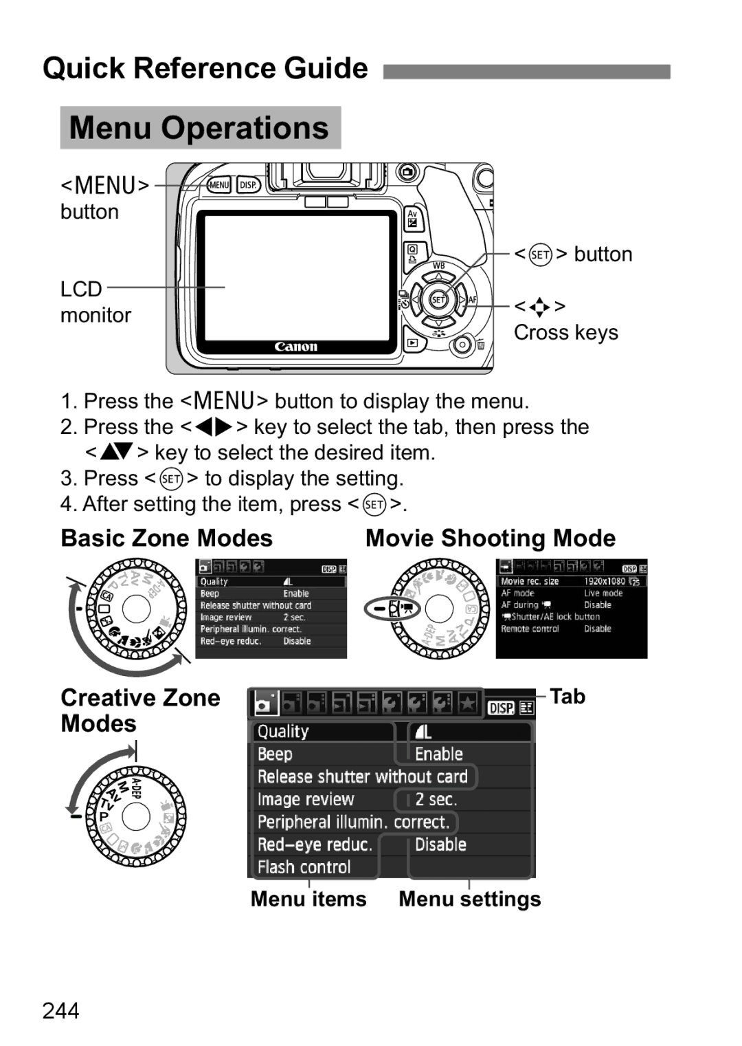 Canon 550D instruction manual Quick Reference Guide, Movie Shooting Mode, 244, Tab, Menu items Menu settings 