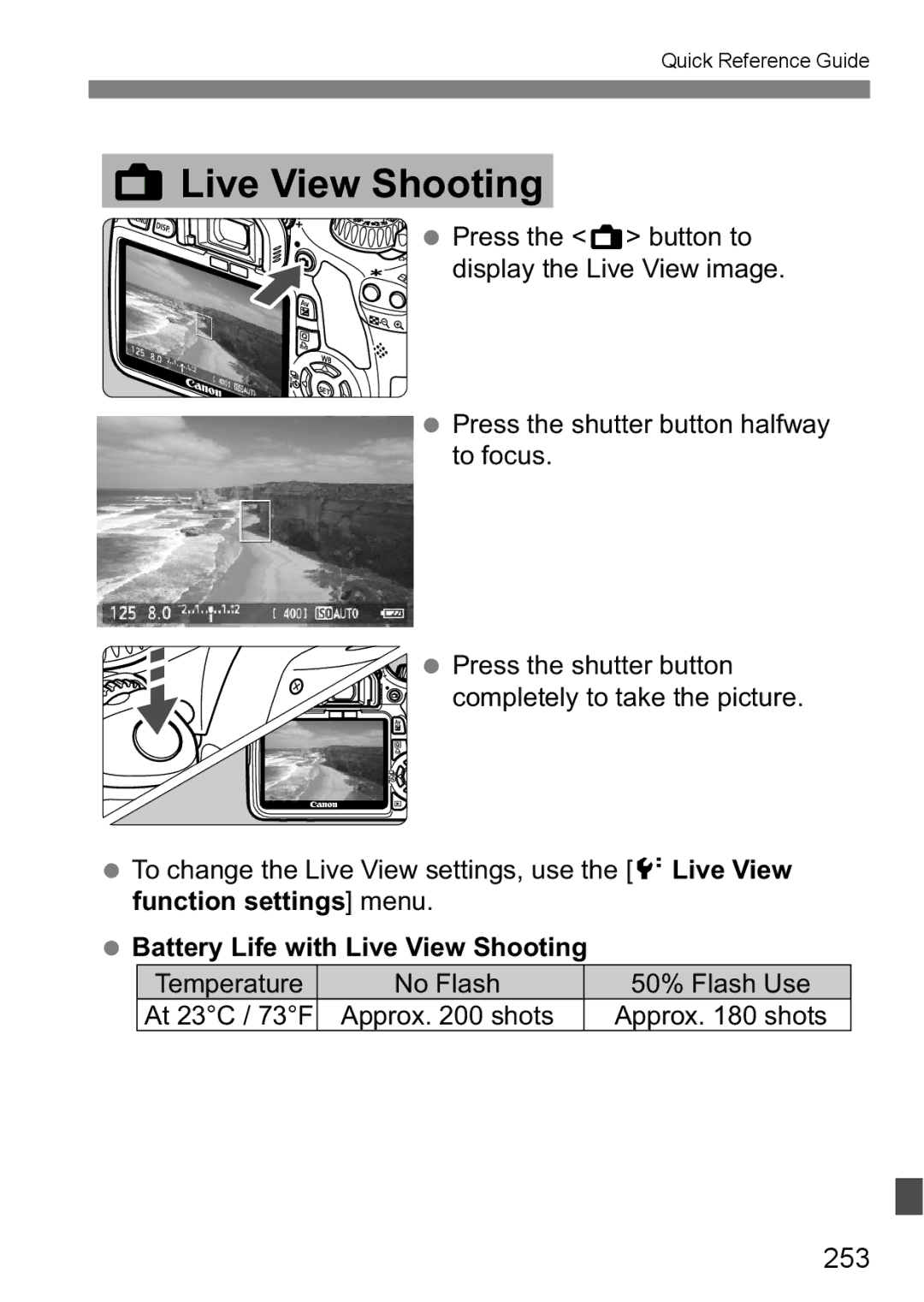 Canon 550D instruction manual 253, Battery Life with Live View Shooting 