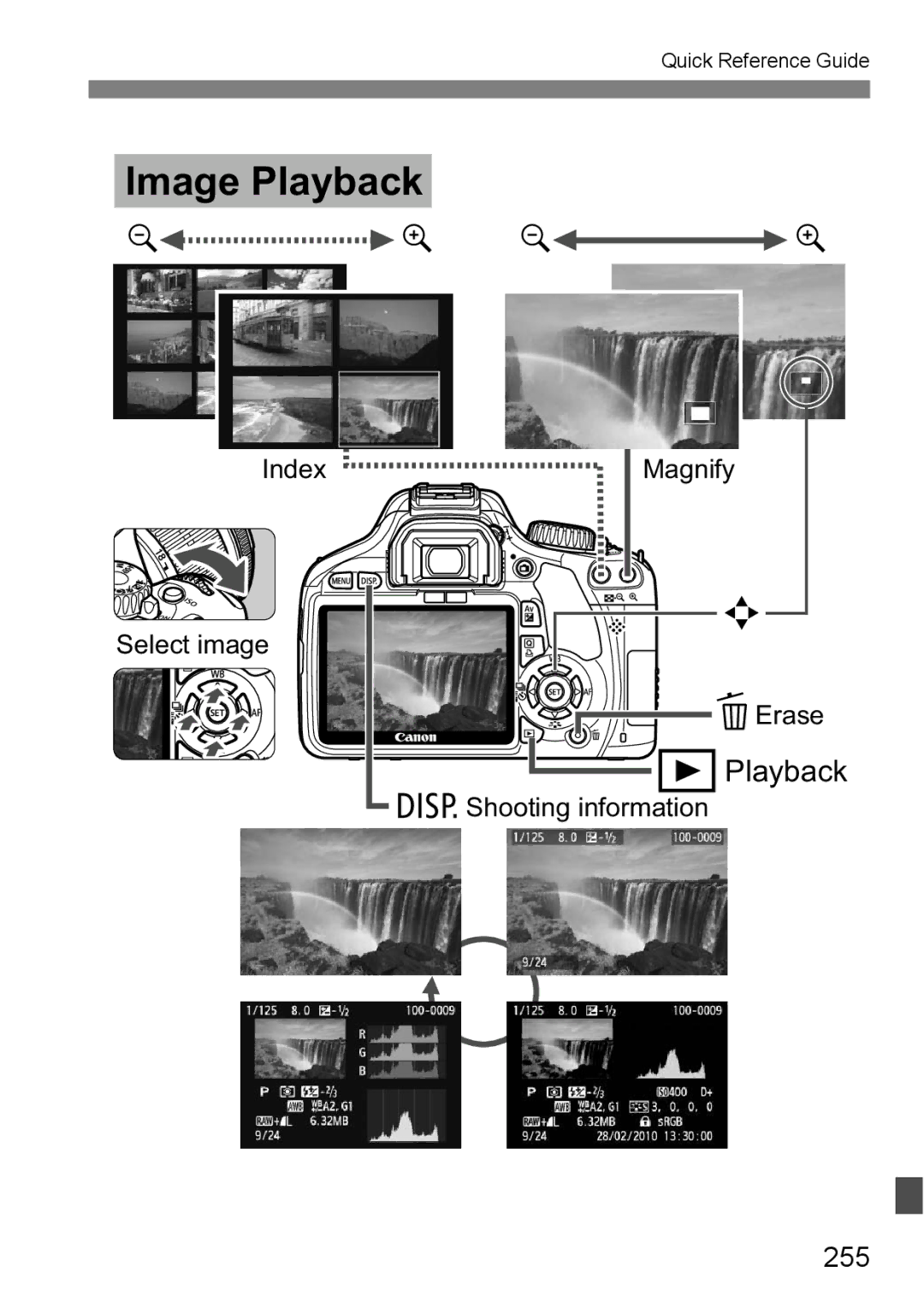 Canon 550D instruction manual 255, Index Magnify Select image LErase, BShooting information 