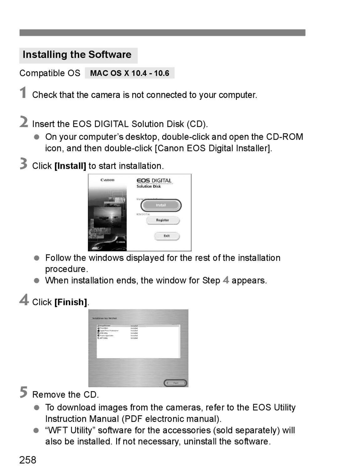 Canon 550D instruction manual 258, Click Finish, Compatible OS MAC OS X 10.4 