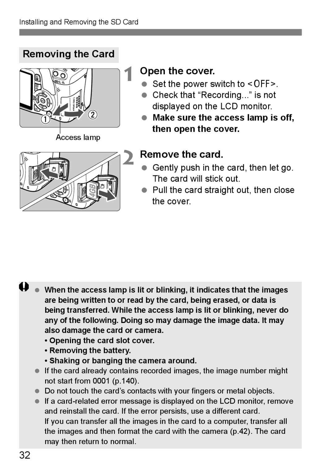 Canon 550D instruction manual Removing the Card, Remove the card, Make sure the access lamp is off, then open the cover 