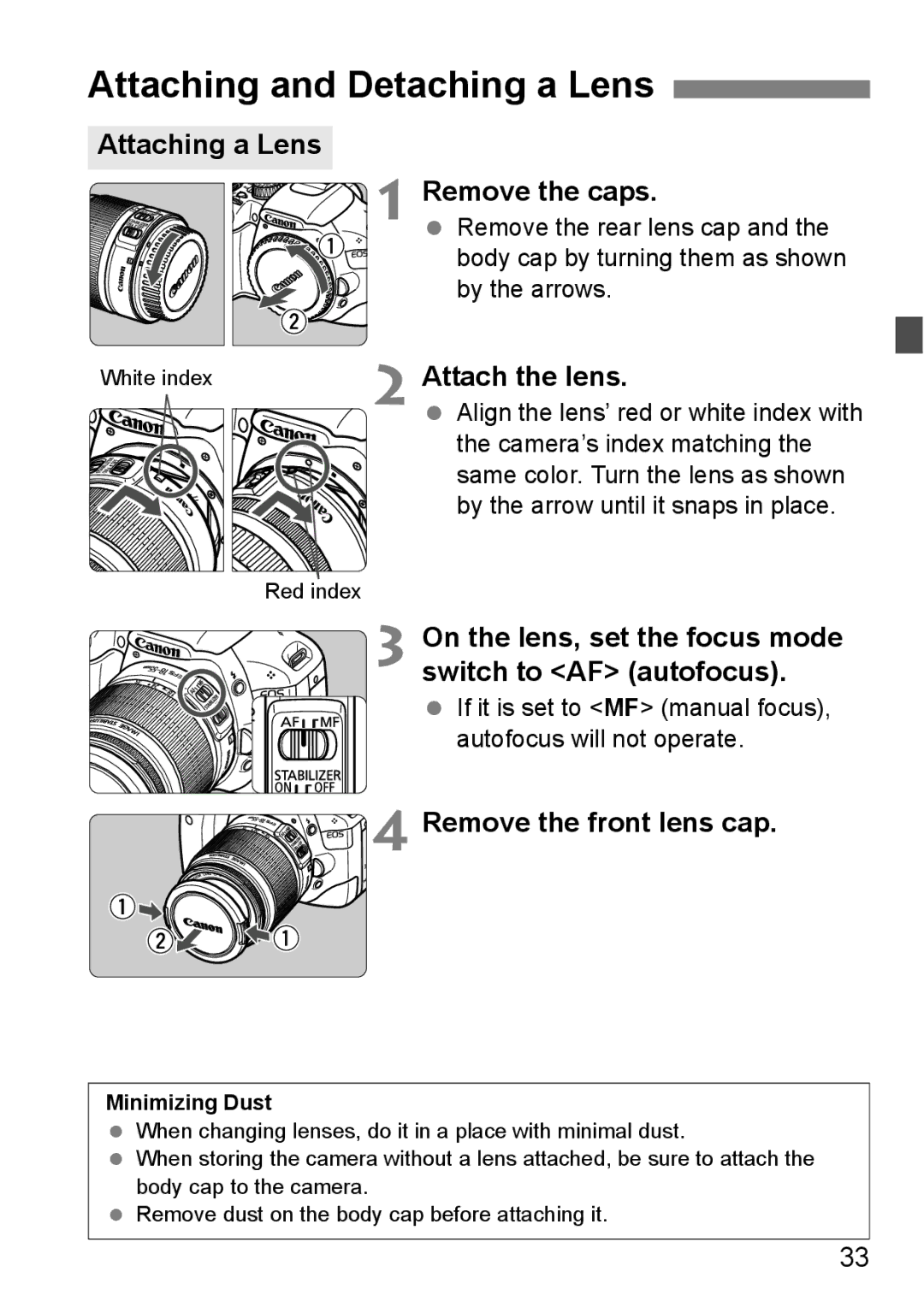 Canon 550D instruction manual Attaching and Detaching a Lens 