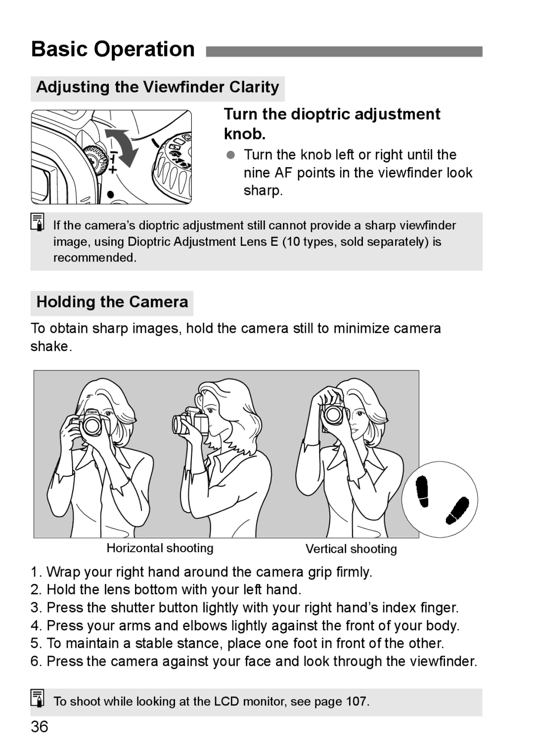 Canon 550D instruction manual Basic Operation, Holding the Camera 