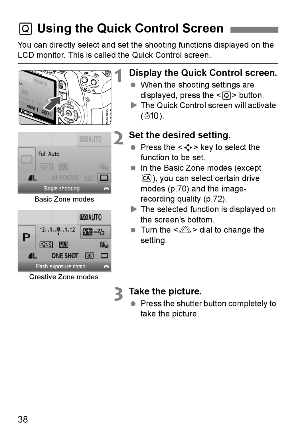 Canon 550D instruction manual QUsing the Quick Control Screen, Display the Quick Control screen, Set the desired setting 