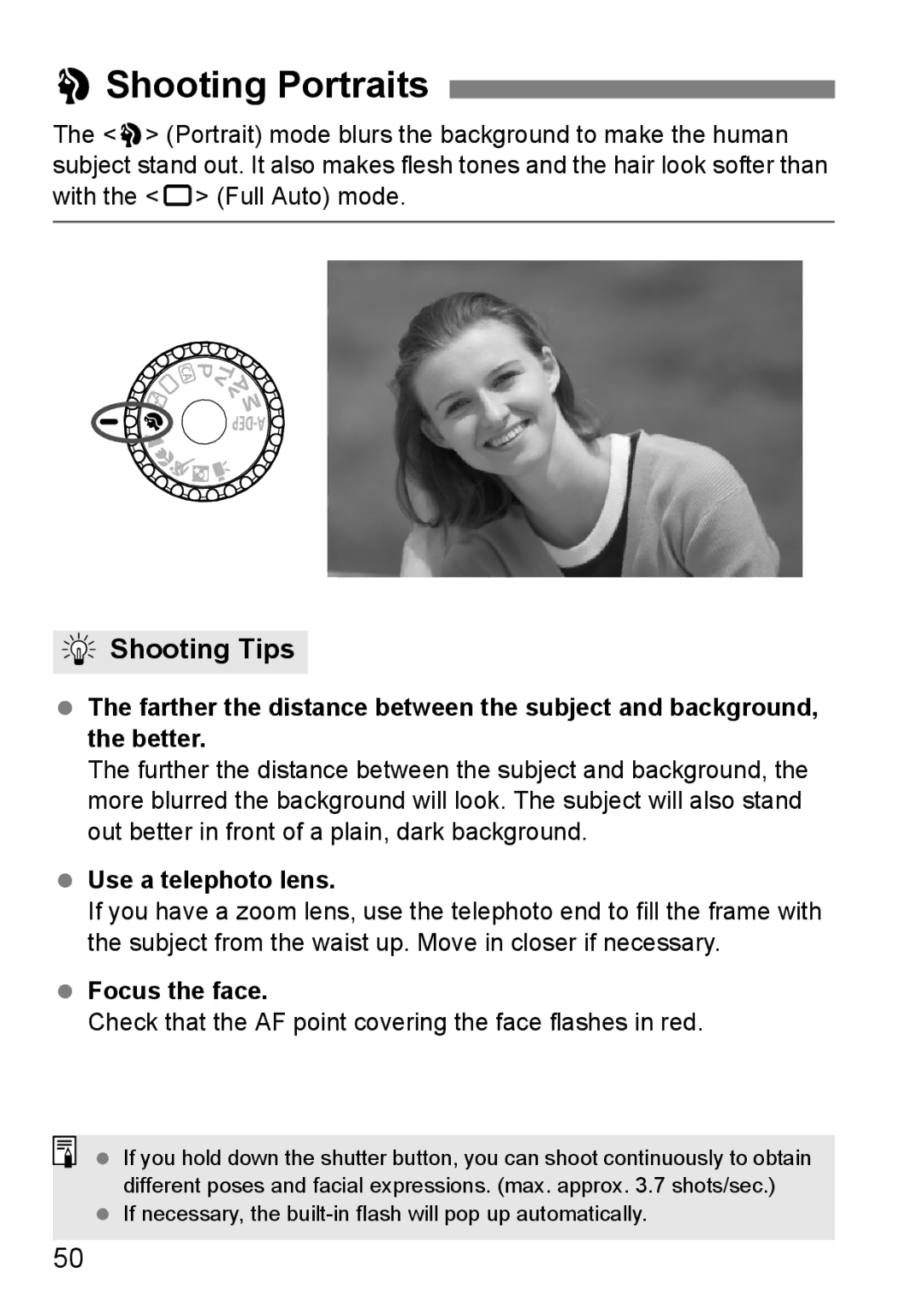 Canon 550D instruction manual 2Shooting Portraits, Use a telephoto lens, Focus the face 