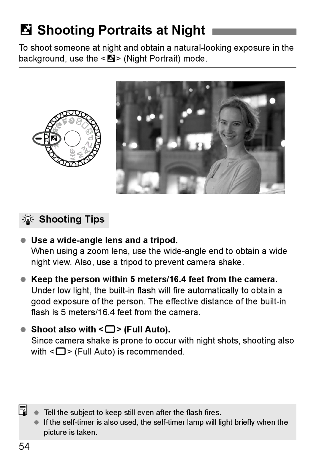 Canon 550D instruction manual 6Shooting Portraits at Night, Use a wide-angle lens and a tripod 