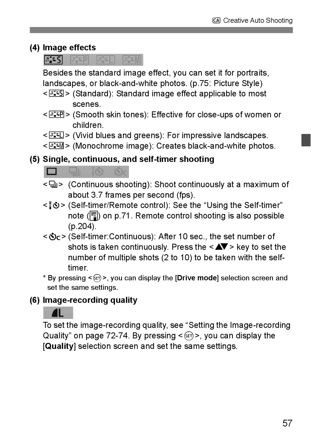 Canon 550D instruction manual Image effects, Single, continuous, and self-timer shooting, Image-recording quality 