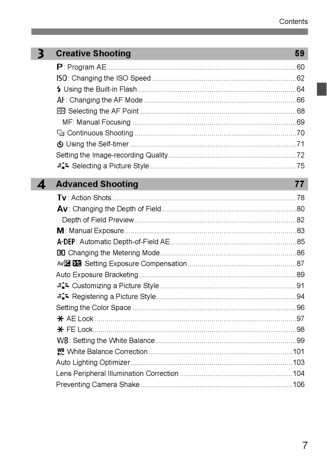 Canon 550D instruction manual Creative Shooting, Advanced Shooting 