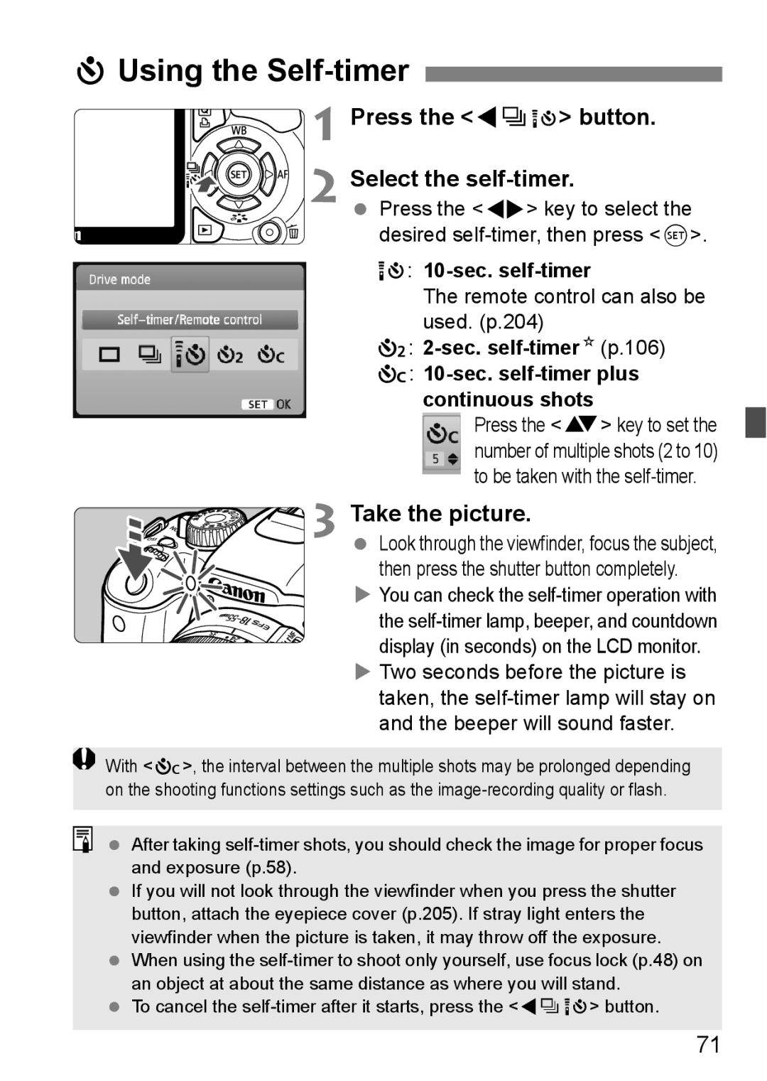 Canon 550D instruction manual Using the Self-timer, Press the YiQ button Select the self-timer, 10-sec. self-timer 