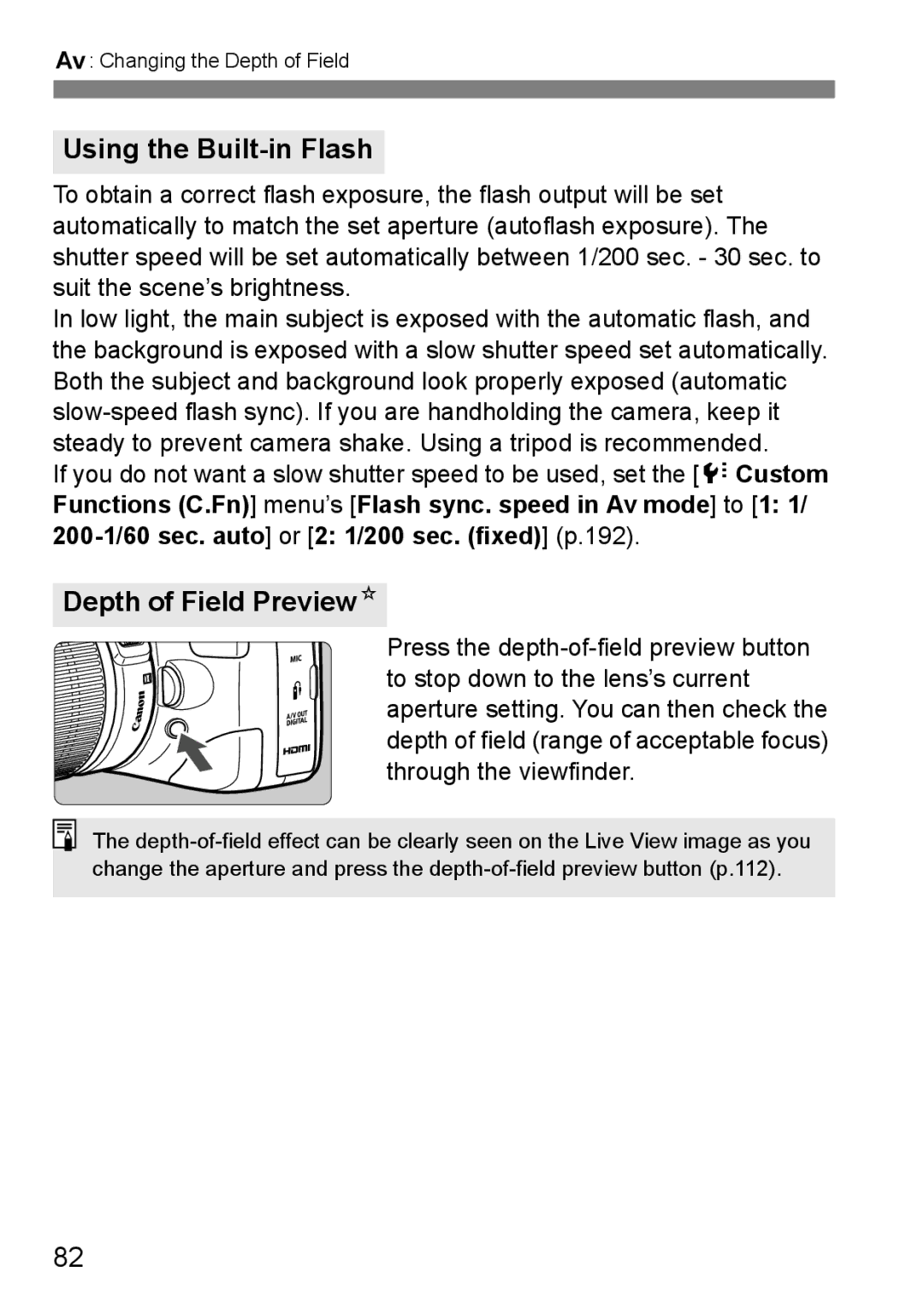 Canon 550D instruction manual Using the Built-in Flash, Depth of Field PreviewN 