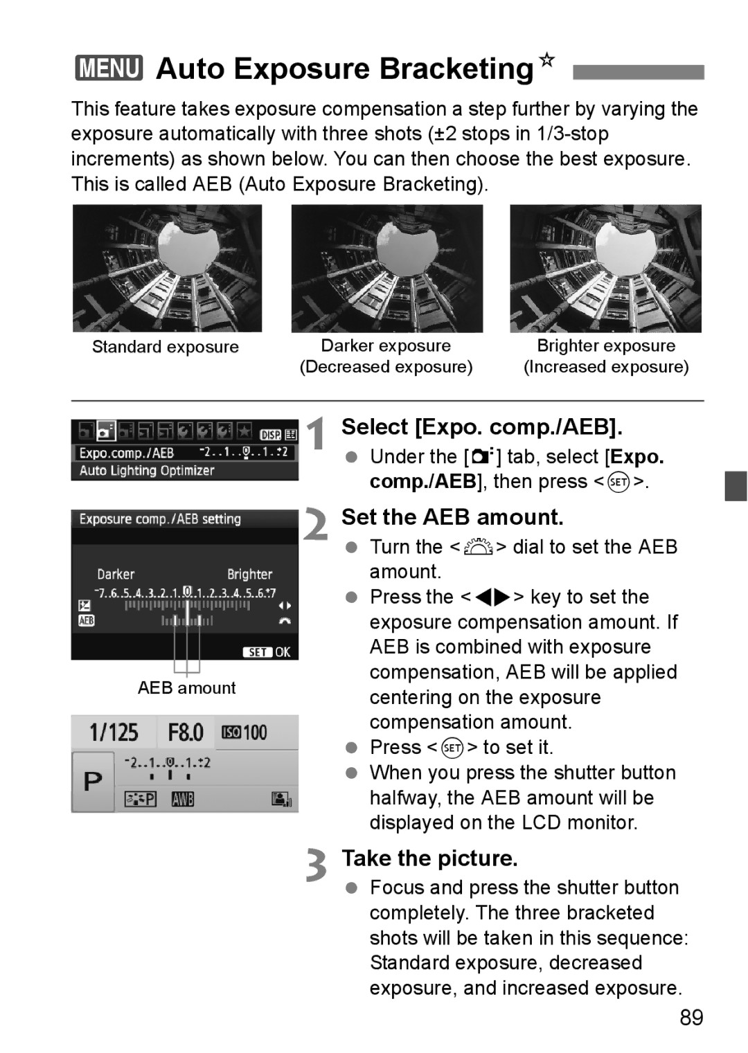 Canon 550D instruction manual 3Auto Exposure BracketingN, Select Expo. comp./AEB, Set the AEB amount 