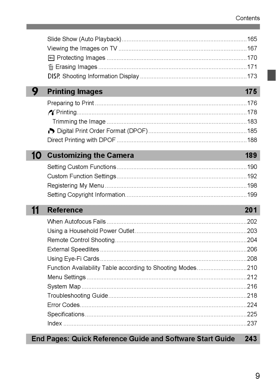 Canon 550D instruction manual Printing Images 175, Customizing the Camera 189, Reference 201, 243 