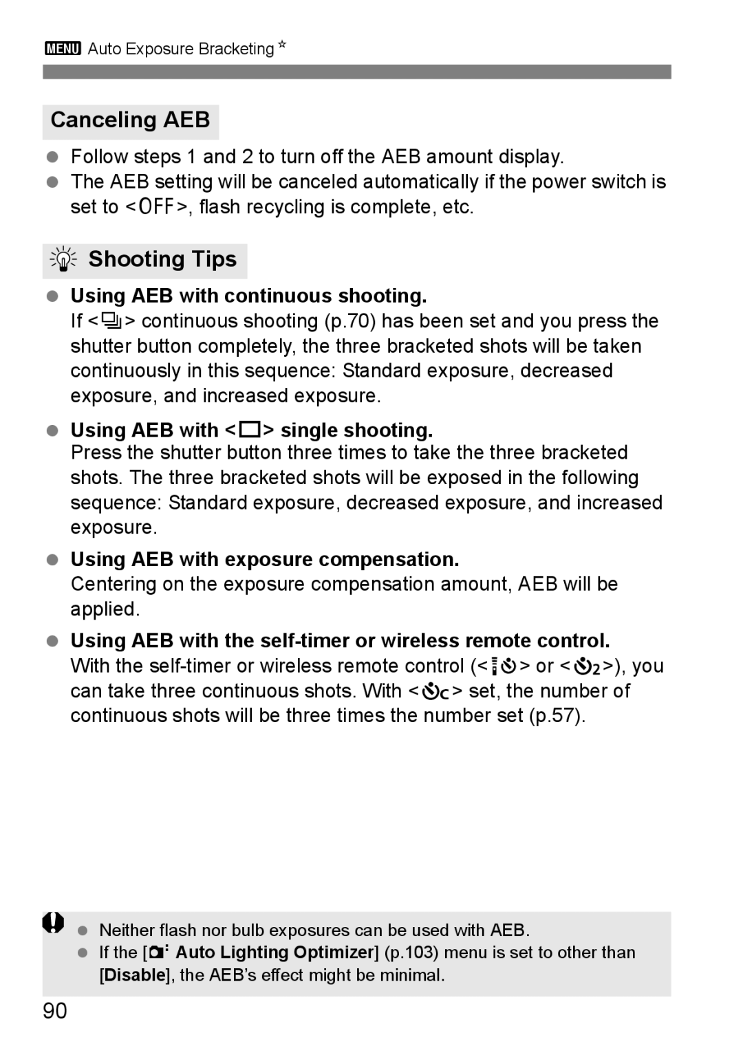 Canon 550D instruction manual Canceling AEB, Using AEB with continuous shooting, Using AEB with u single shooting 