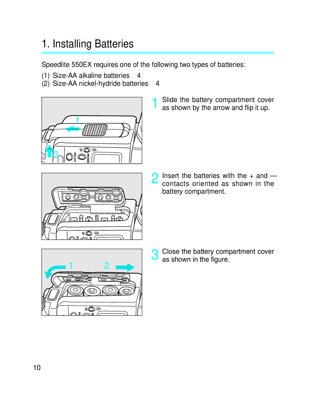 Canon 550EX manual Installing Batteries 