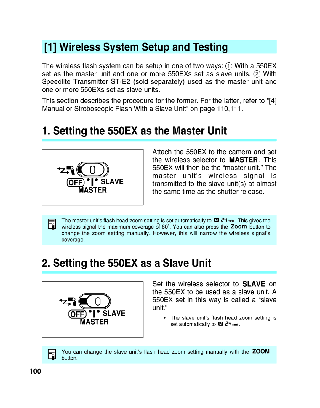 Canon manual Attach the 550EX to the camera and set, 100 