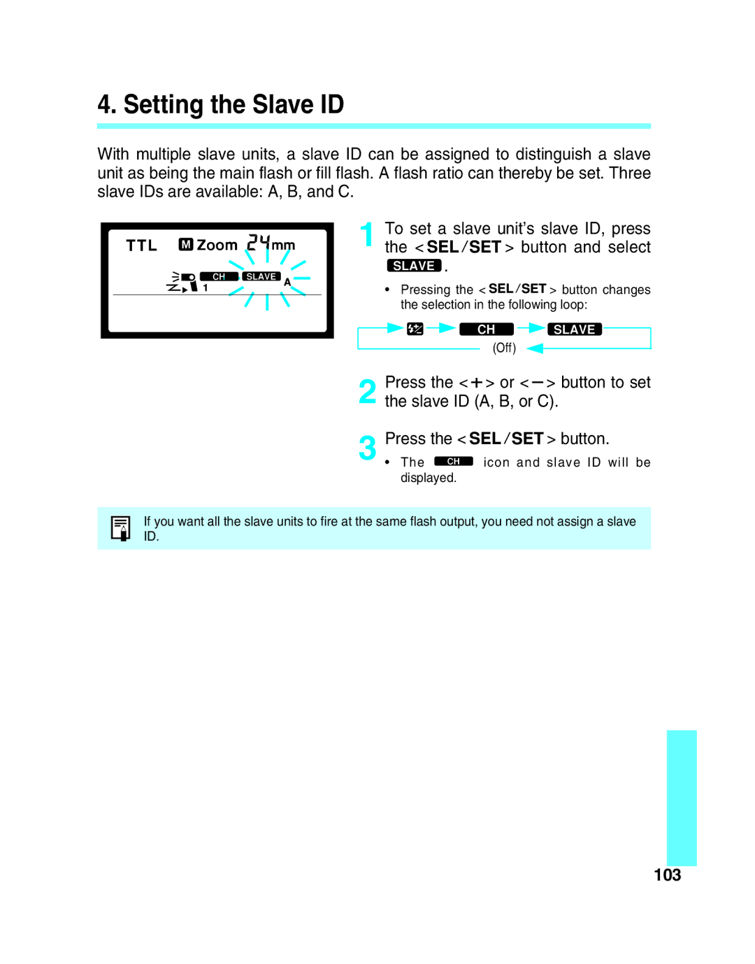 Canon 550EX manual Setting the Slave ID, 103 