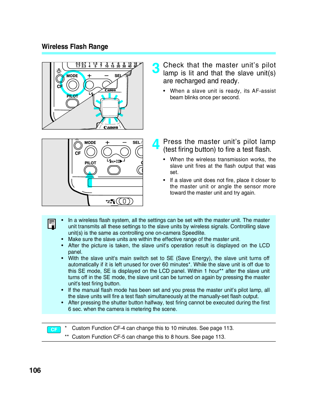 Canon 550EX manual Wireless Flash Range, 106 