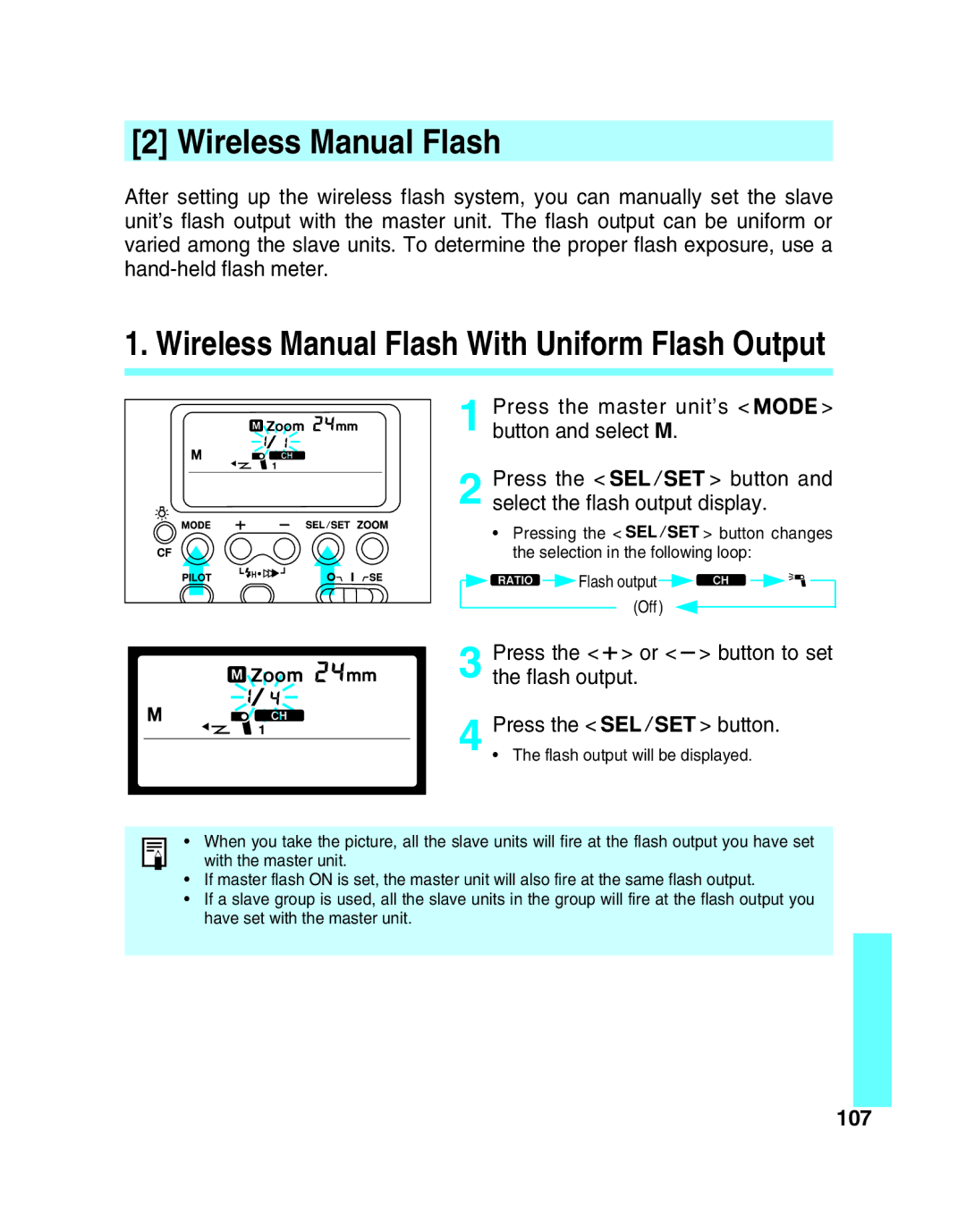 Canon 550EX manual Flash output Press Button, 107 