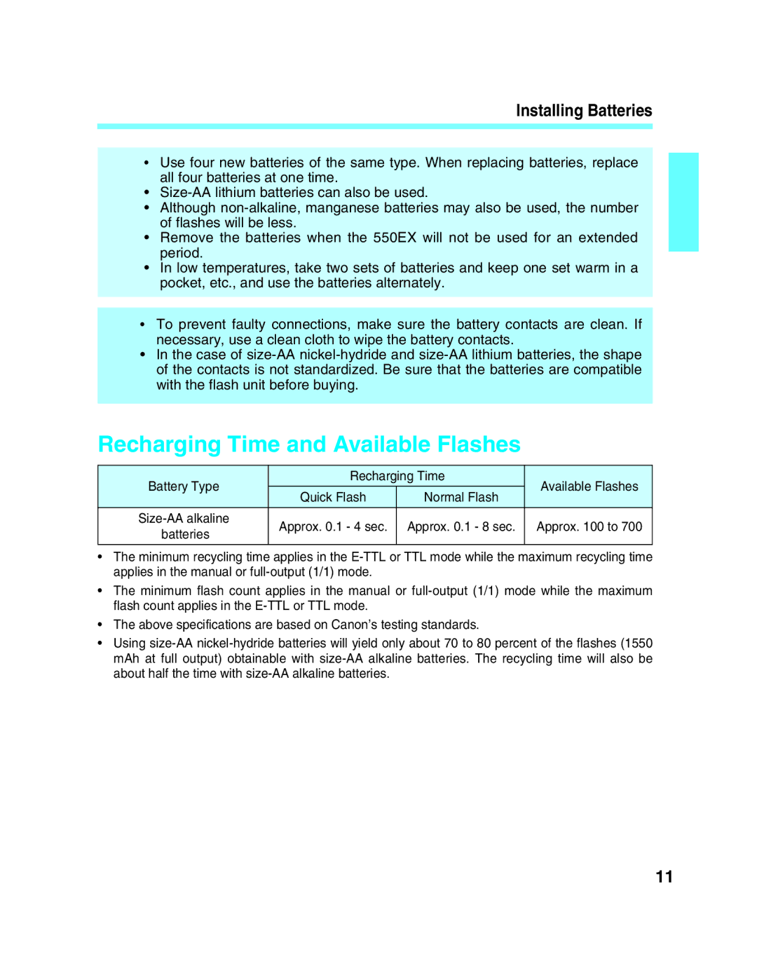 Canon 550EX manual Recharging Time and Available Flashes, Installing Batteries 
