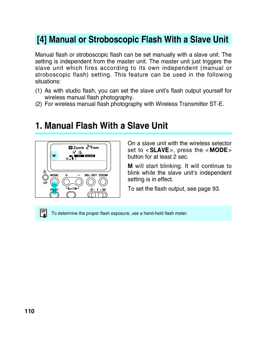 Canon 550EX manual Manual Flash With a Slave Unit, 110 