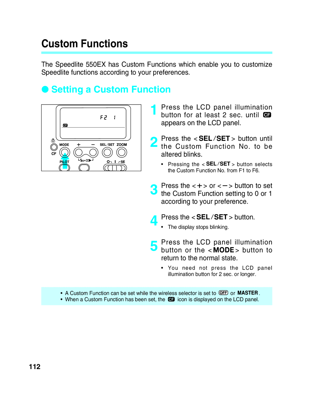 Canon 550EX manual Custom Functions, Setting a Custom Function, 112 