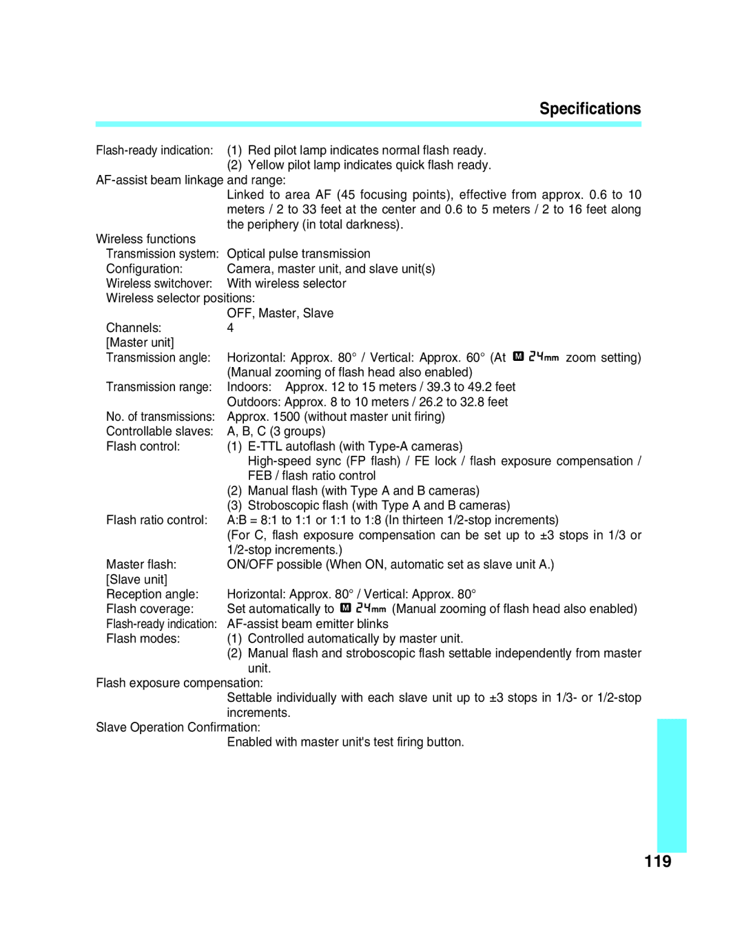 Canon 550EX manual Specifications, 119 