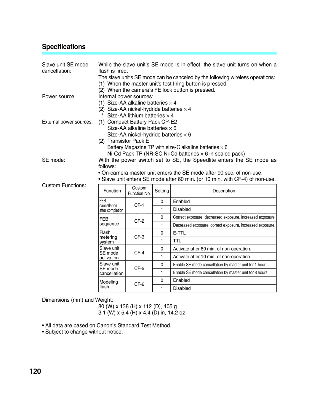 Canon 550EX manual 120, Transistor Pack E 