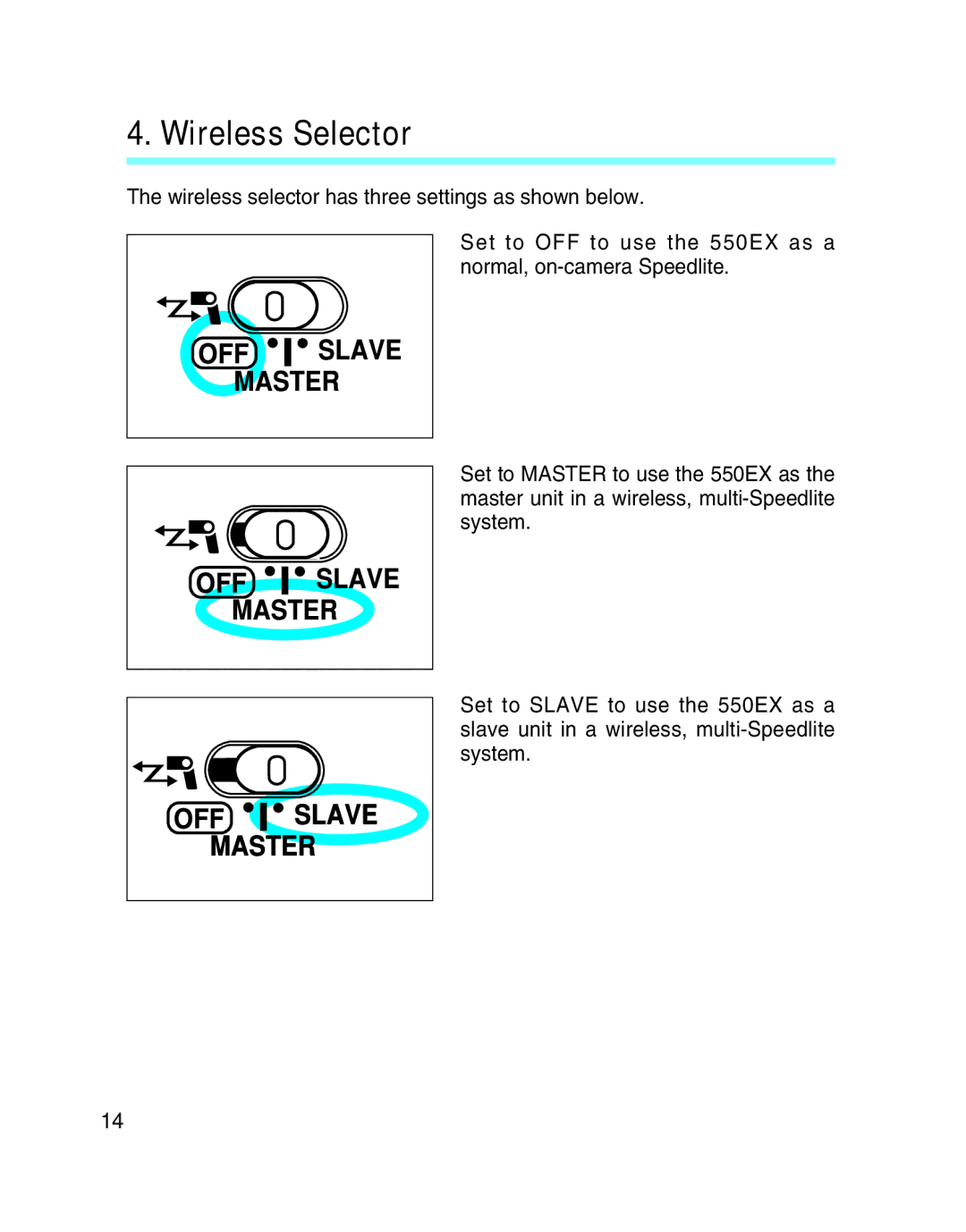 Canon 550EX manual Wireless Selector 