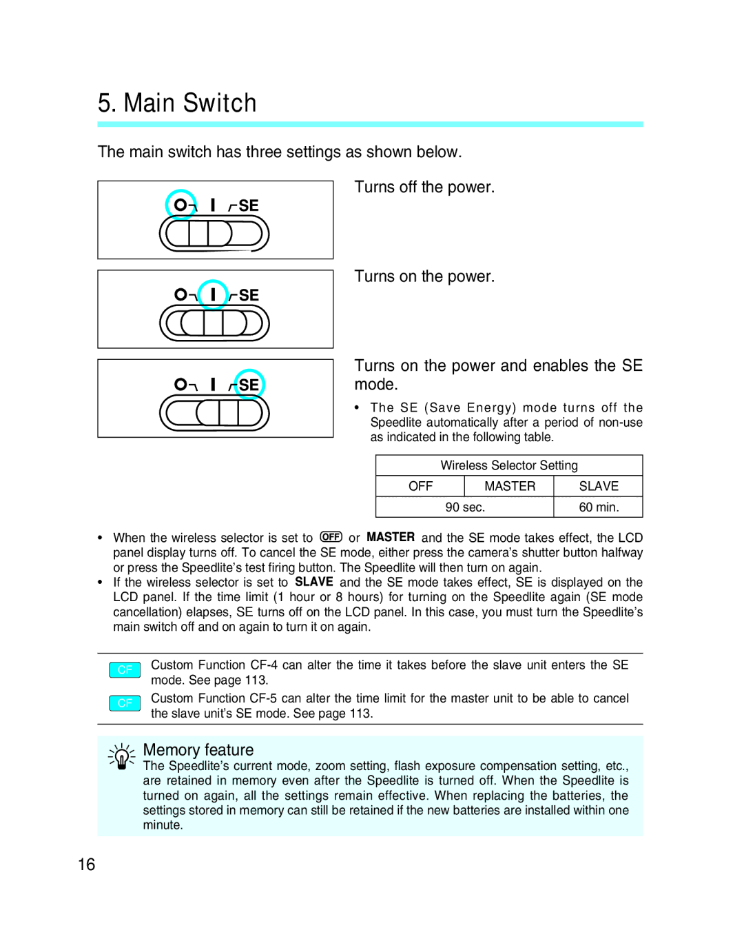 Canon 550EX manual Main Switch, Memory feature 