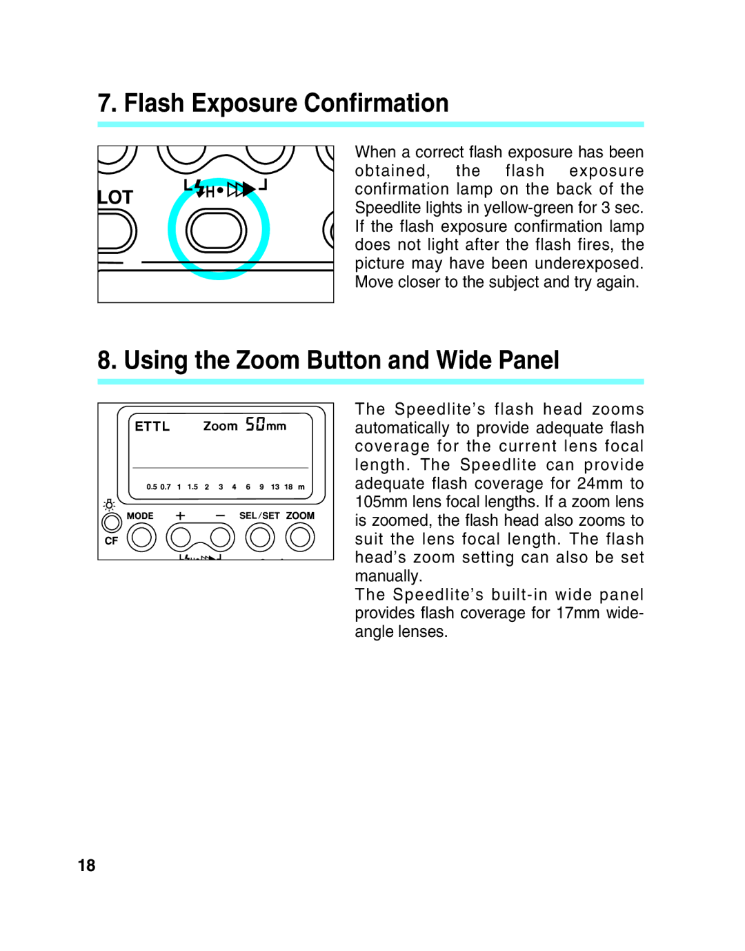 Canon 550EX manual Flash Exposure Confirmation, Using the Zoom Button and Wide Panel 