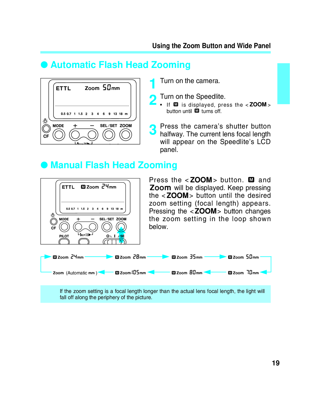 Canon 550EX manual Automatic Flash Head Zooming, Manual Flash Head Zooming, Using the Zoom Button and Wide Panel 