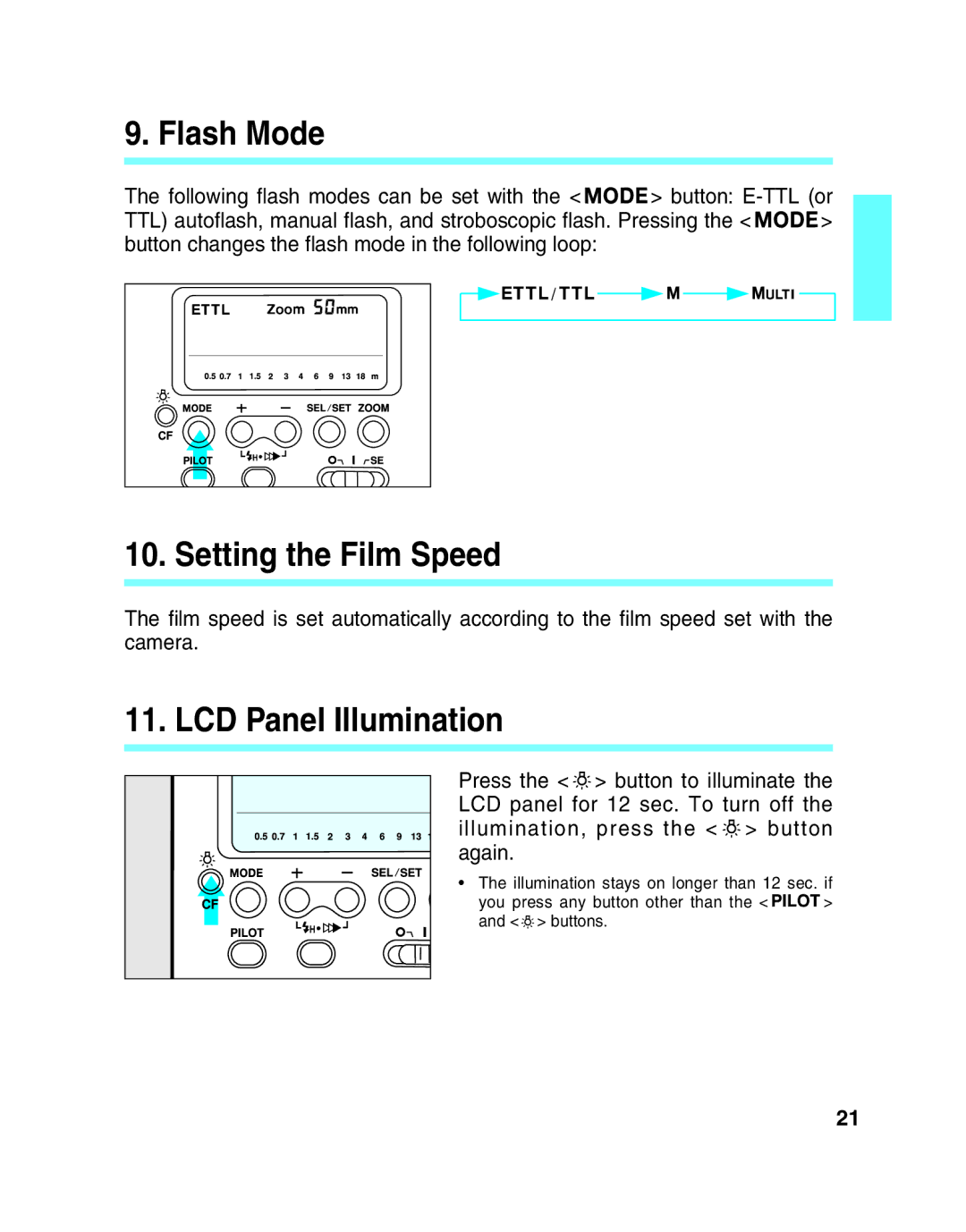 Canon 550EX manual Flash Mode, Setting the Film Speed, LCD Panel Illumination 