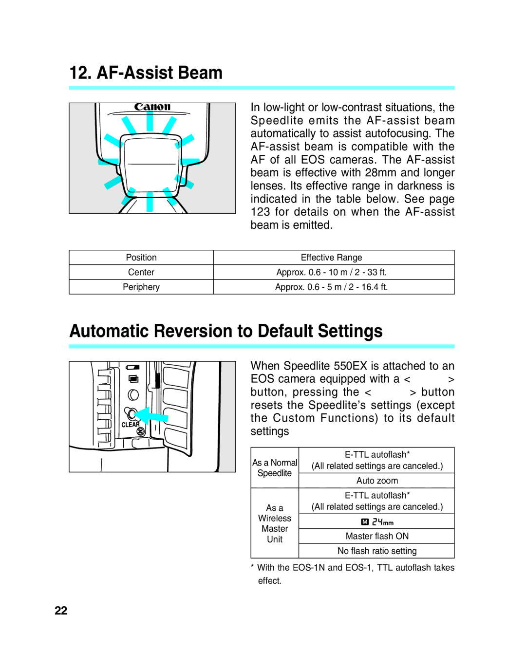 Canon 550EX manual AF-Assist Beam, Automatic Reversion to Default Settings 