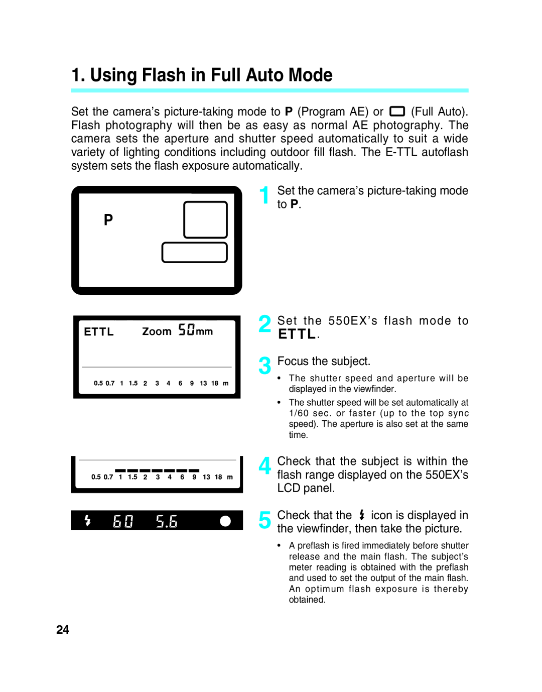 Canon 550EX manual Using Flash in Full Auto Mode 