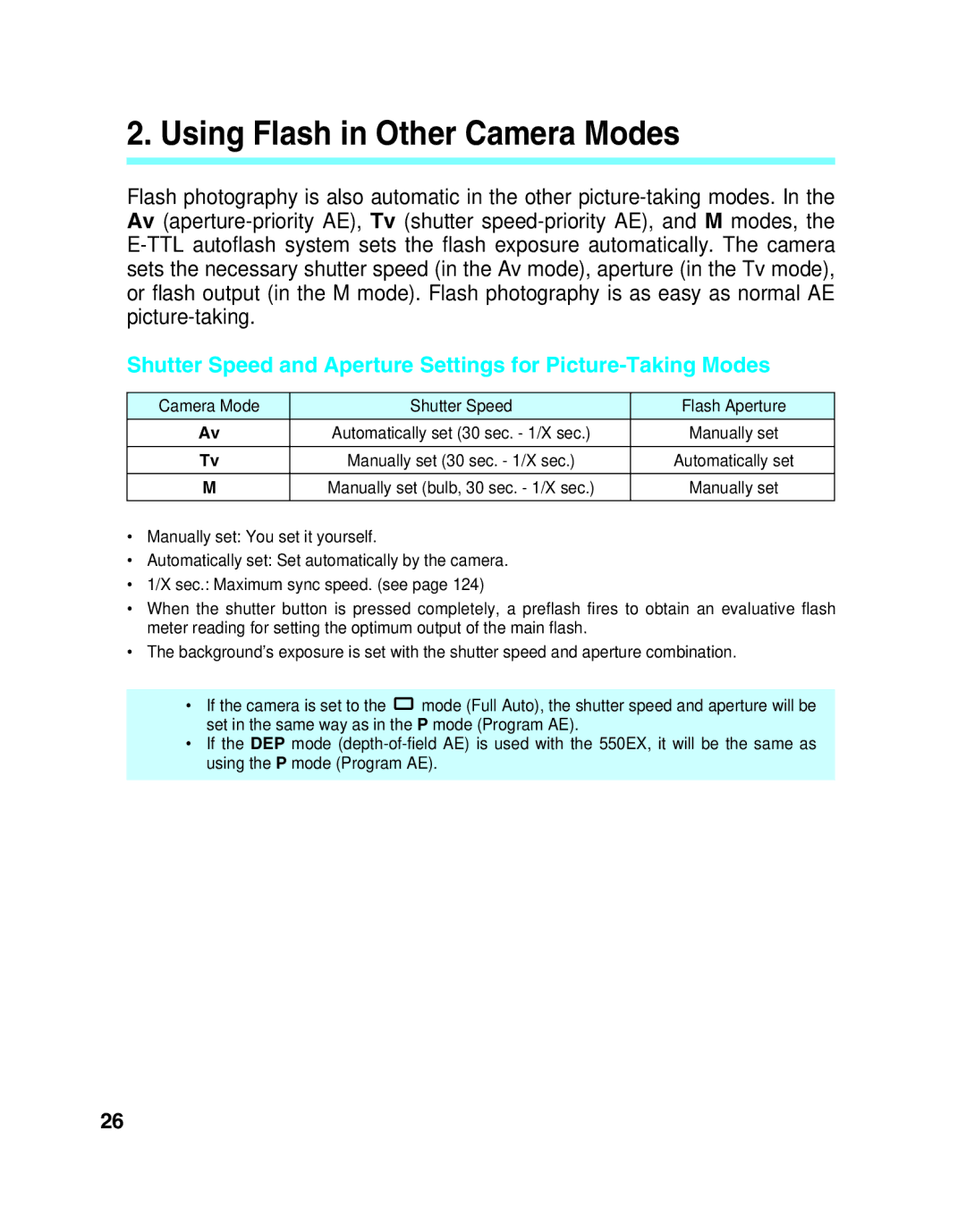 Canon 550EX manual Using Flash in Other Camera Modes, Camera Mode Shutter Speed Flash Aperture 