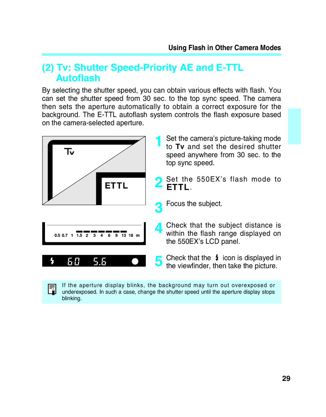 Canon 550EX manual Tv Shutter Speed-Priority AE and E-TTL Autoflash 