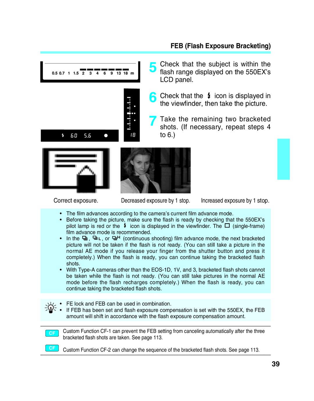 Canon 550EX manual FEB Flash Exposure Bracketing, Correct exposure 