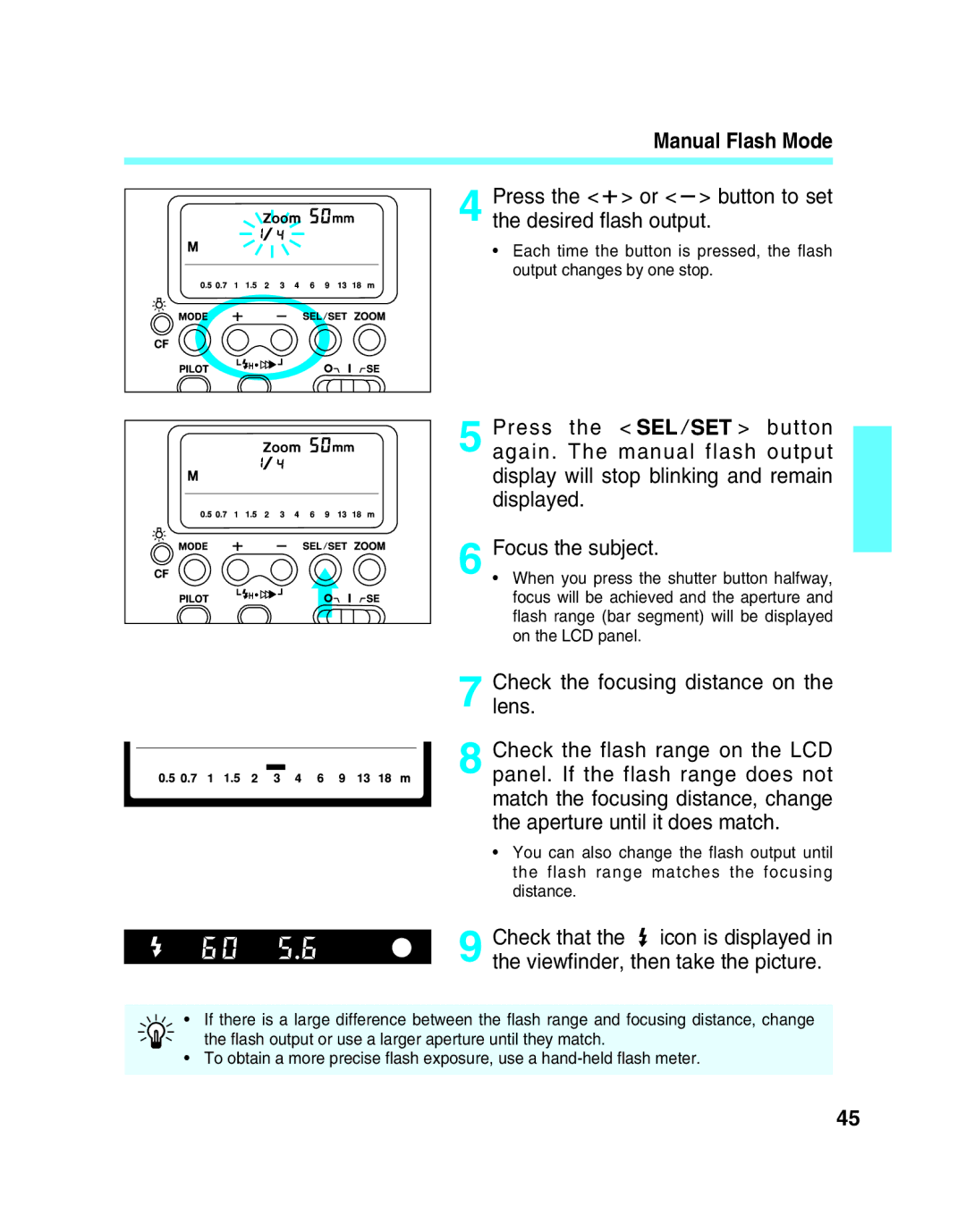 Canon 550EX Manual Flash Mode, Press the or button to set the desired flash output, Checklens. the focusing distance on 