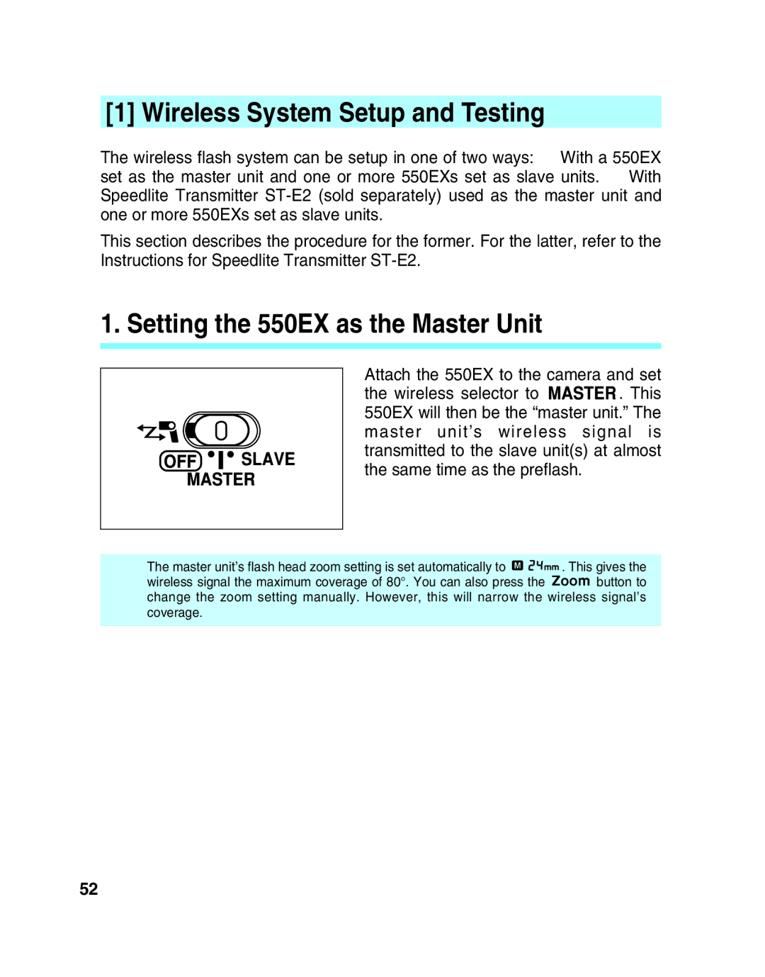 Canon manual Wireless System Setup and Testing, Setting the 550EX as the Master Unit 