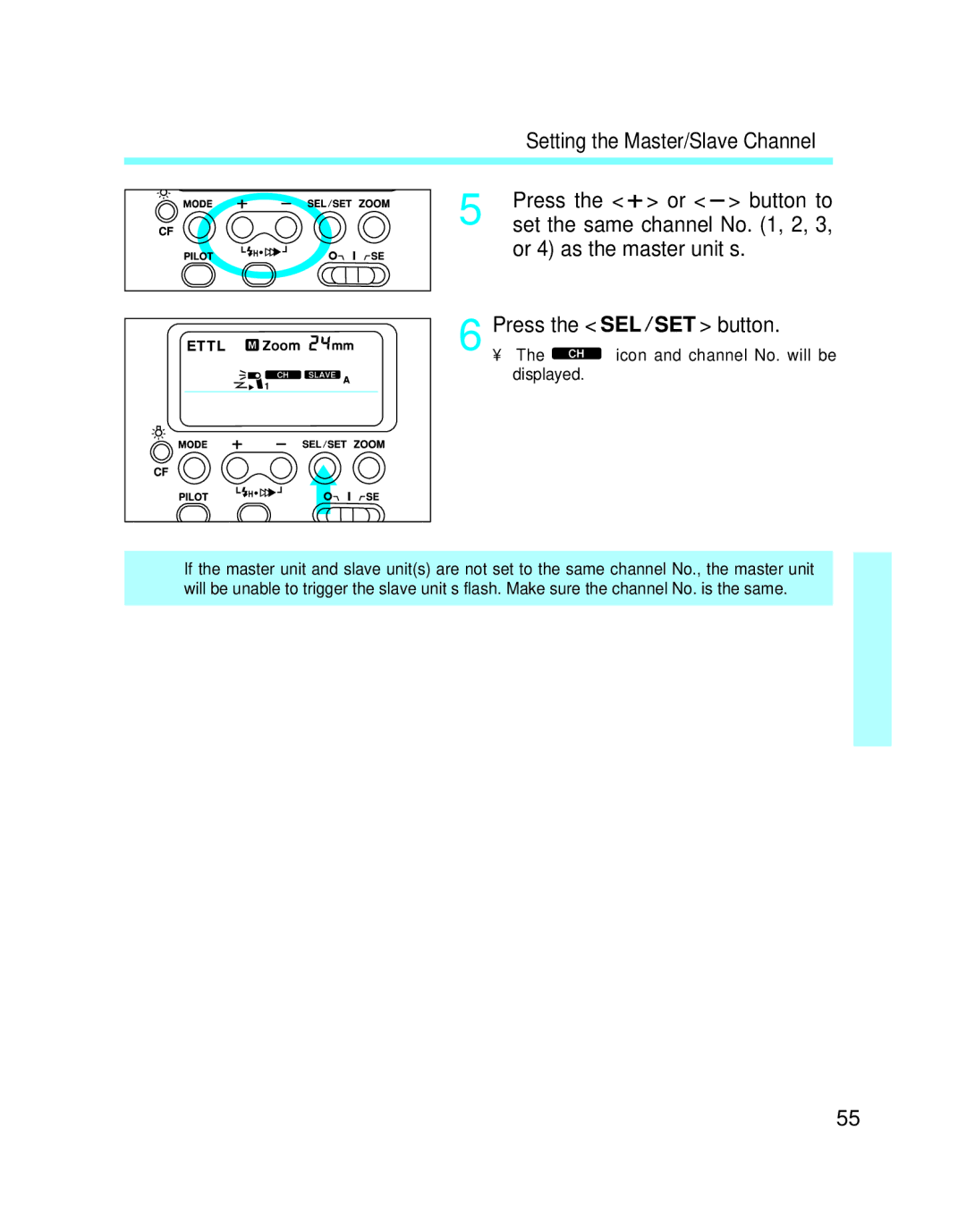 Canon 550EX manual Setting the Master/Slave Channel 