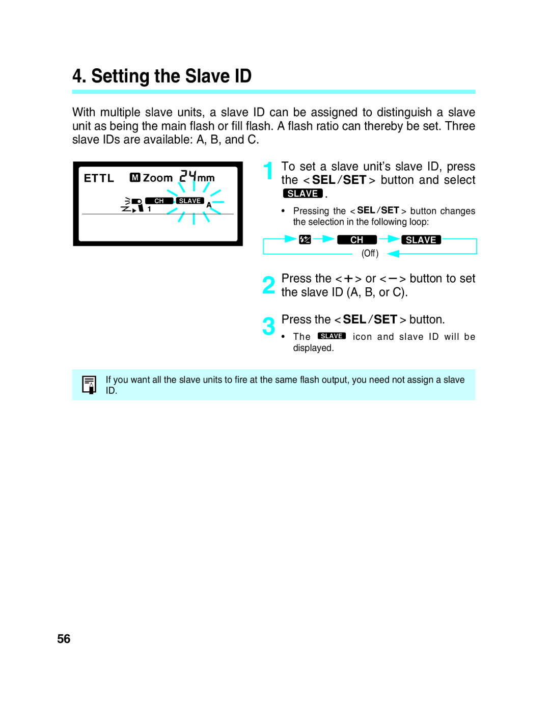 Canon 550EX manual Setting the Slave ID, Slave ID A, B, or C 