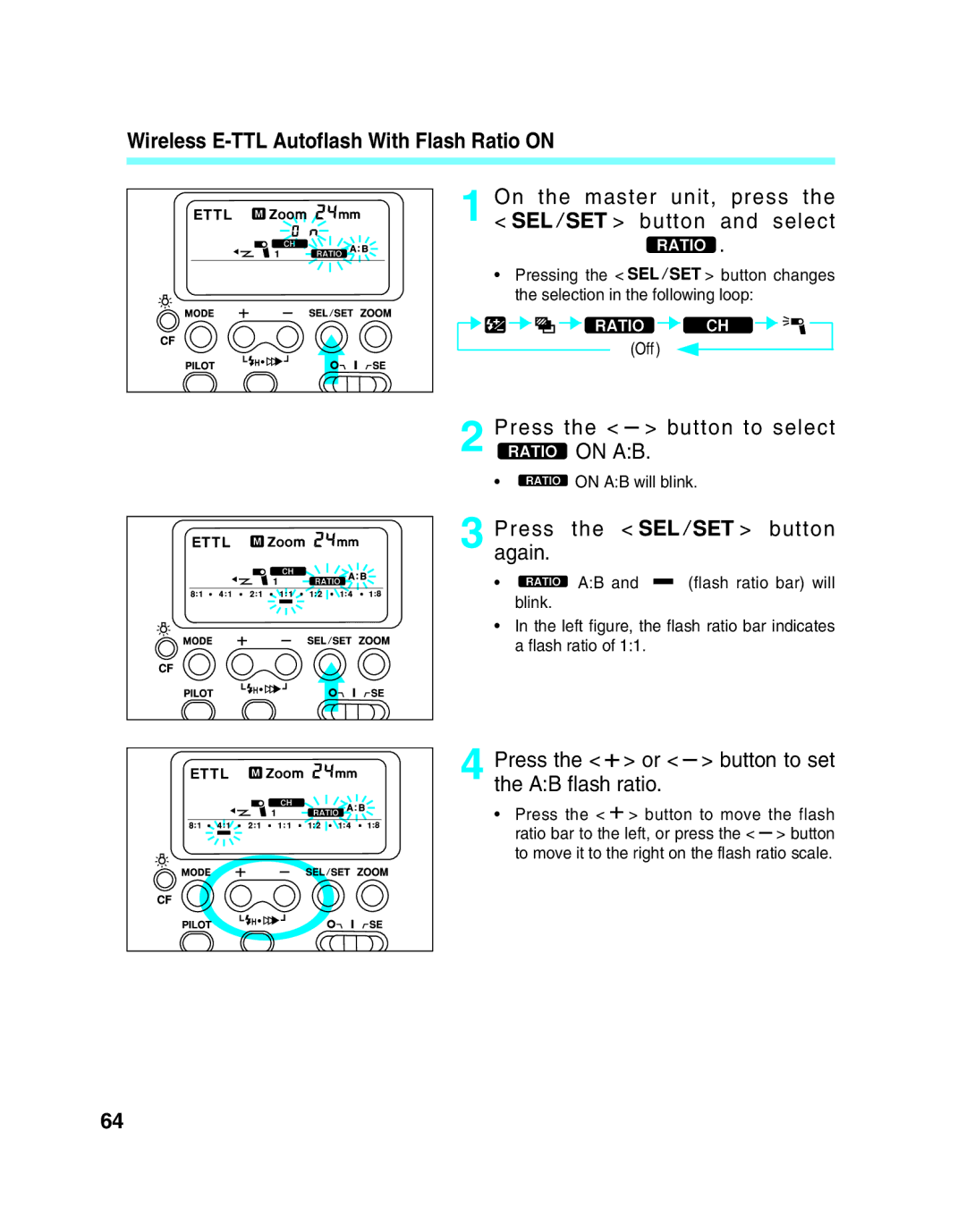 Canon 550EX manual Wireless E-TTL Autoflash With Flash Ratio on, On the master unit, press Button and select 