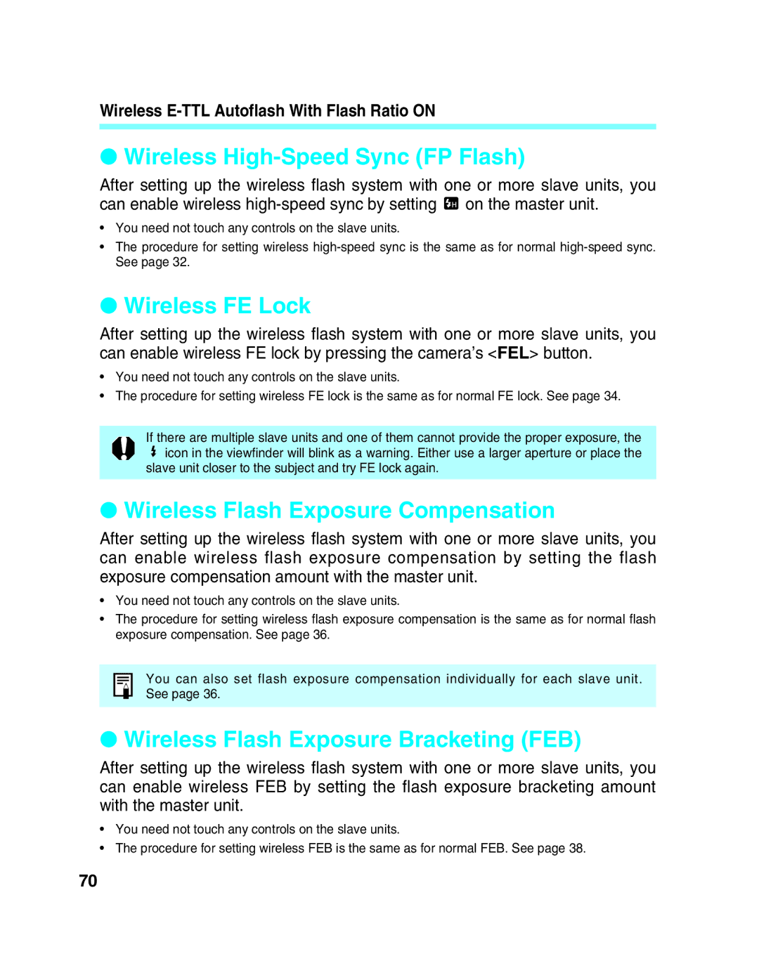 Canon 550EX manual Wireless High-Speed Sync FP Flash, Wireless FE Lock, Wireless Flash Exposure Compensation 