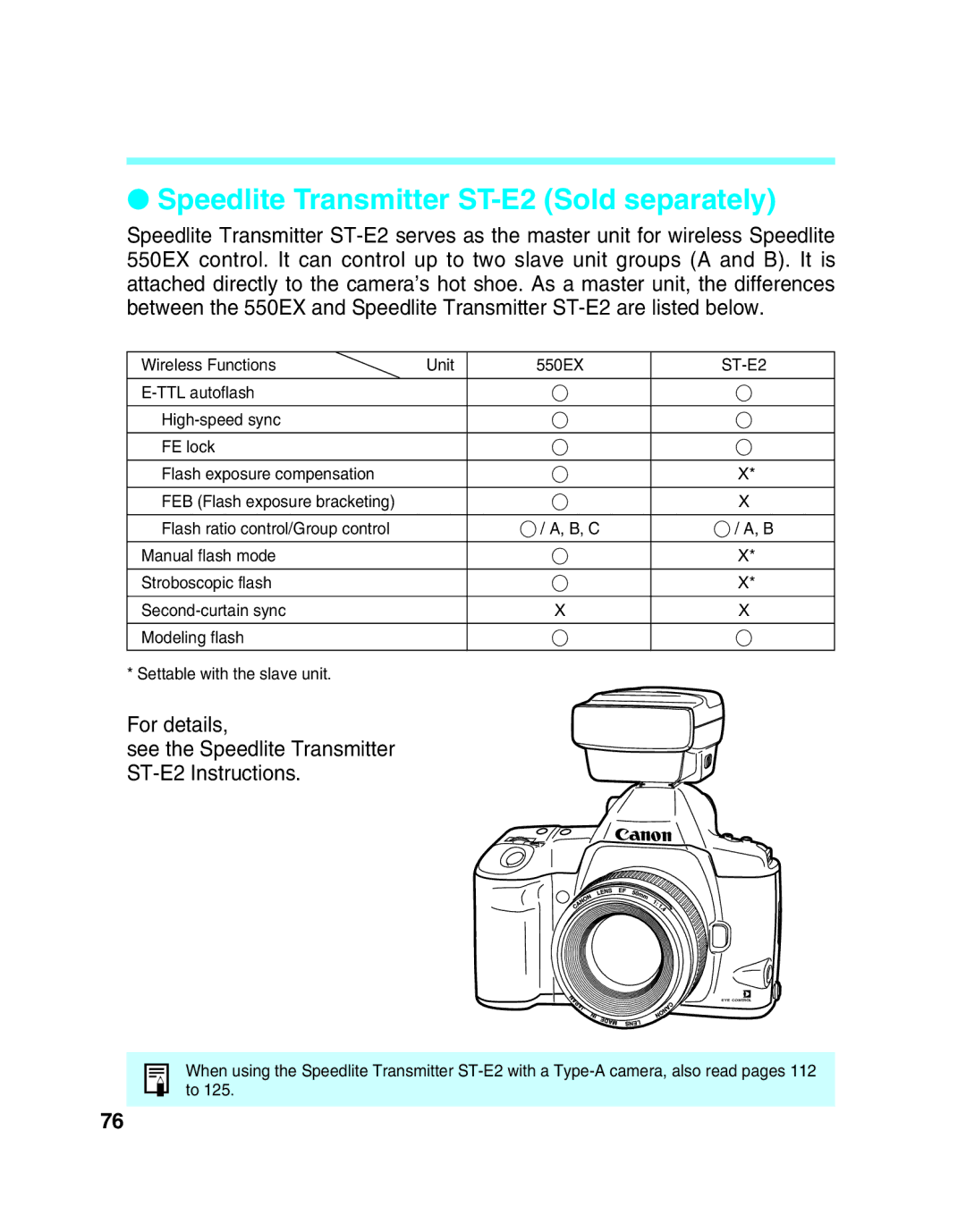 Canon 550EX manual Speedlite Transmitter ST-E2 Sold separately, For details 