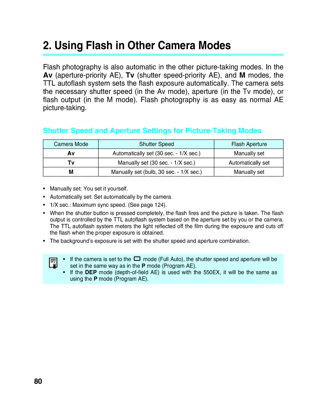 Canon 550EX manual Using Flash in Other Camera Modes 