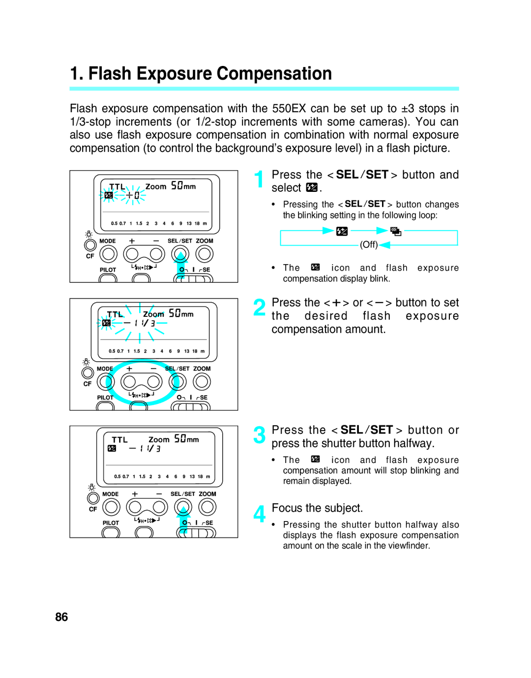 Canon 550EX manual Flash Exposure Compensation 