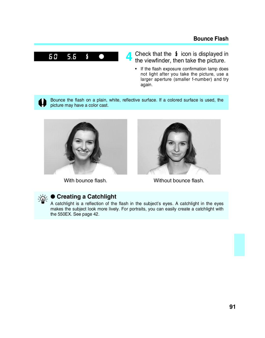 Canon 550EX manual Bounce Flash, Creating a Catchlight 