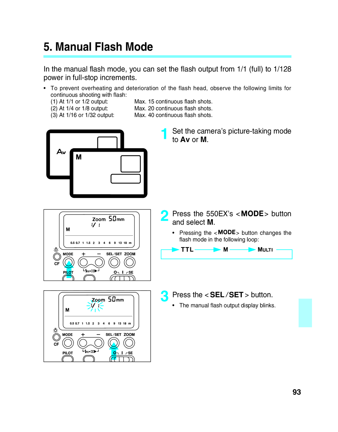 Canon 550EX manual Manual Flash Mode, To Av or M 