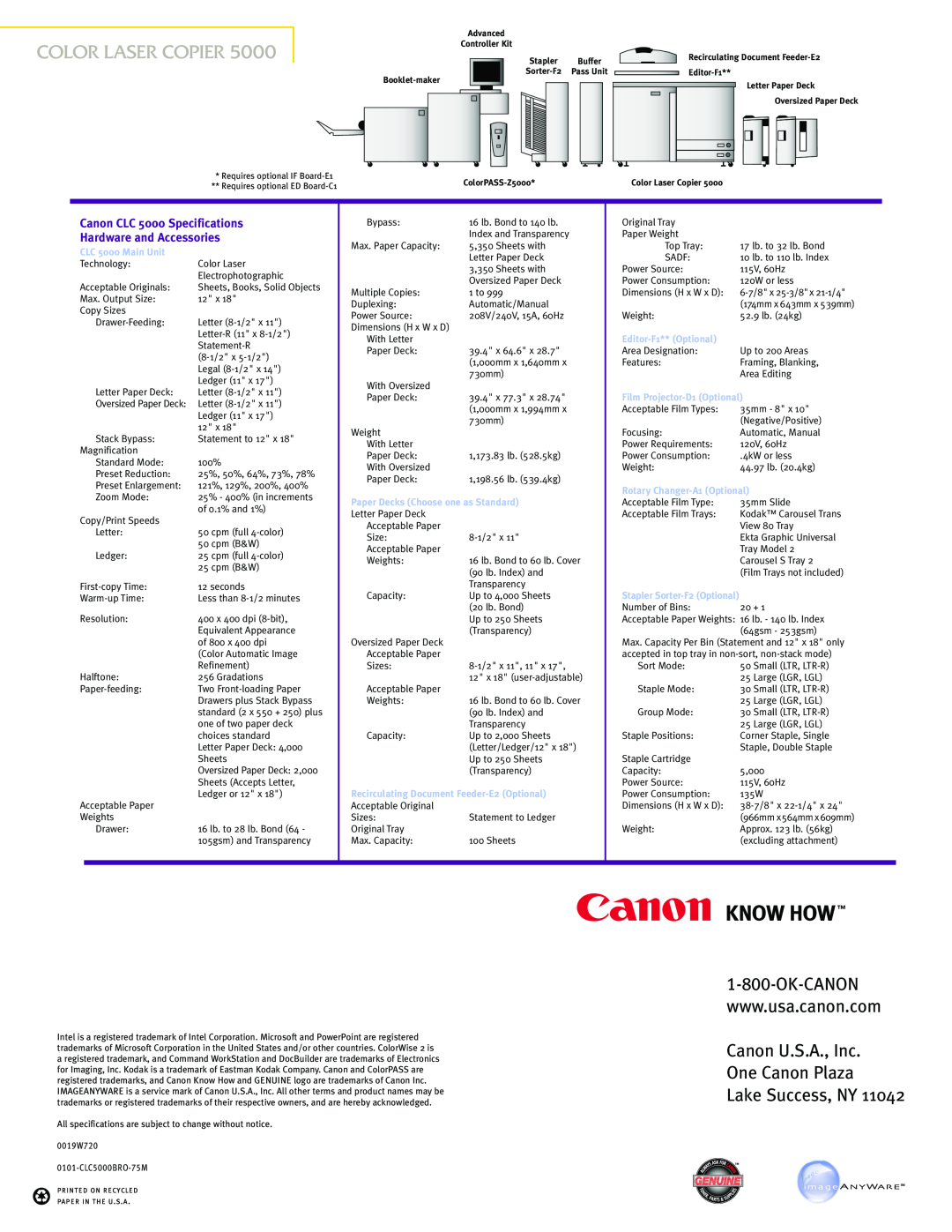 Canon 55E manual Canon U.S.A., Inc One Canon Plaza Lake Success, NY, Canon CLC 5000 Specifications Hardware and Accessories 