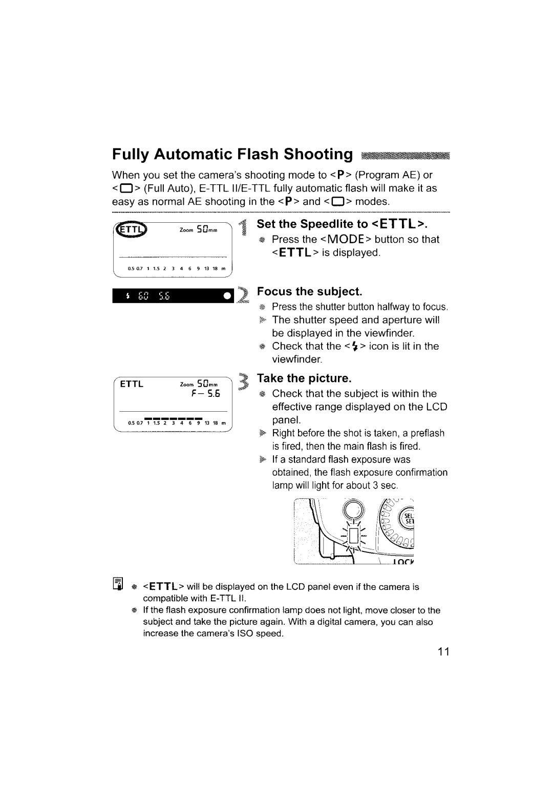 Canon 580EX II instruction manual Press the Mode button so that, Ettl is displayed 